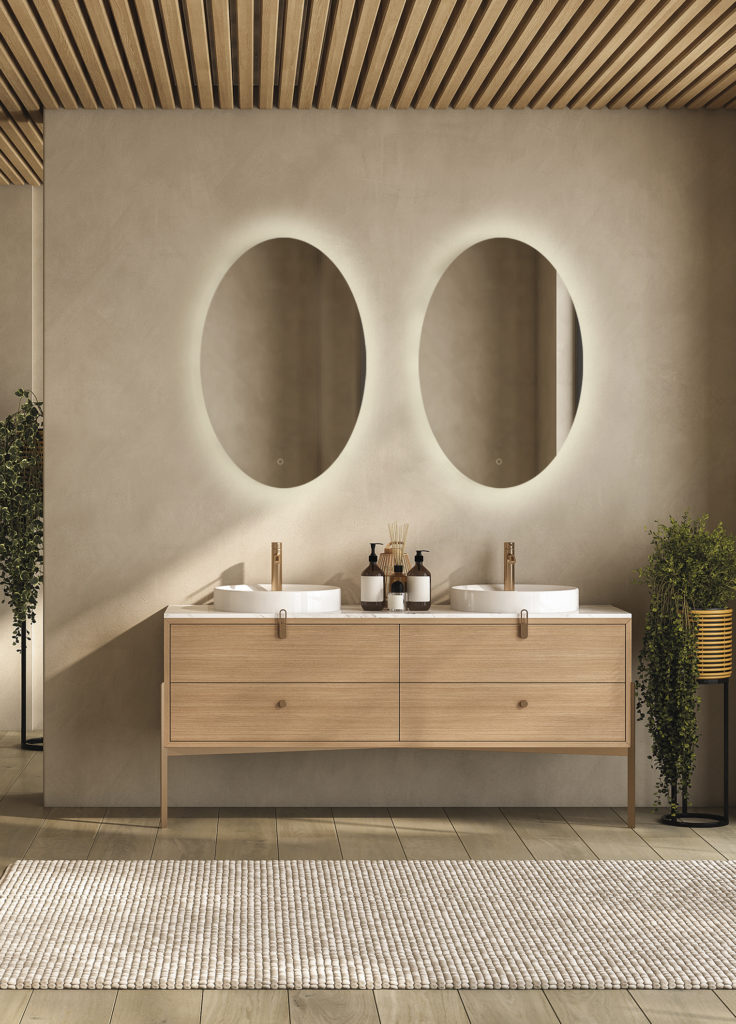 Beige bathroom interior with double sink and mirror, carpet on h