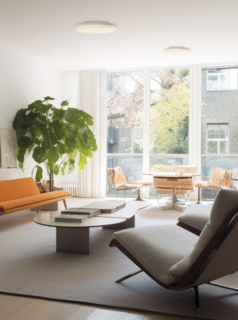 A modern loft large window living room interior design decorated with fireplace and potted plants. Generative AI AIG27.