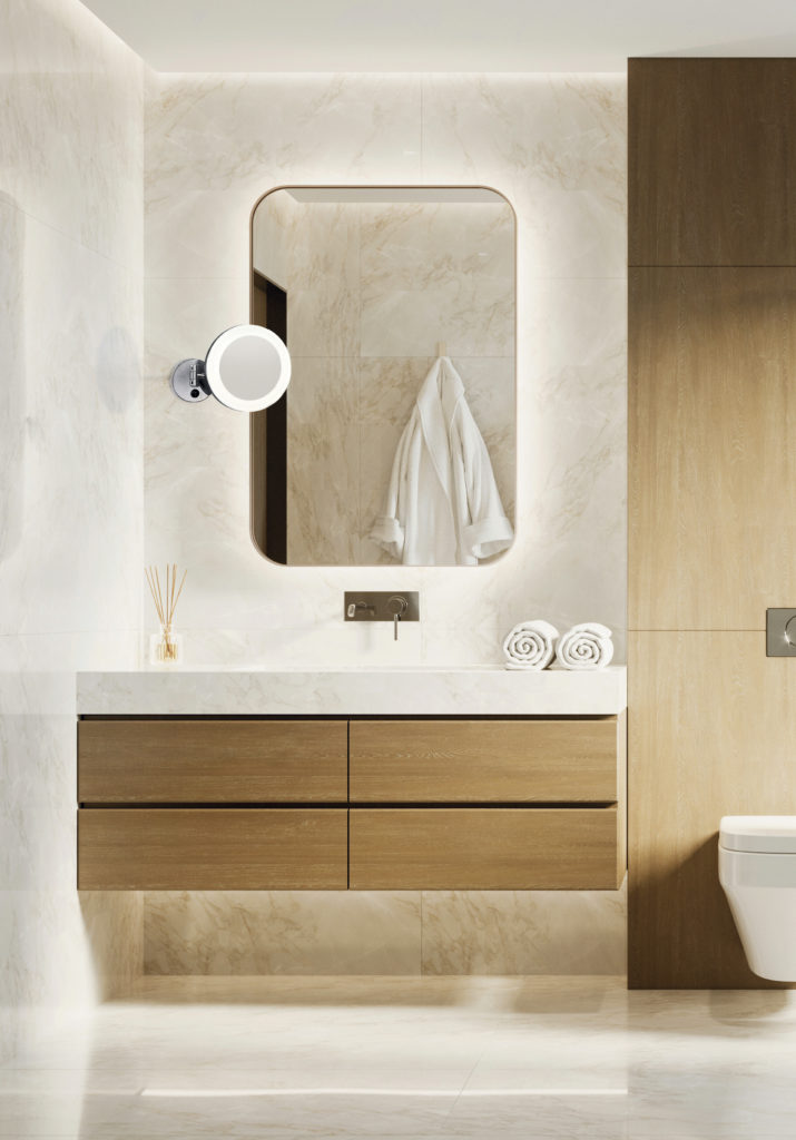 3d modern bathroom with wooden and white marble details