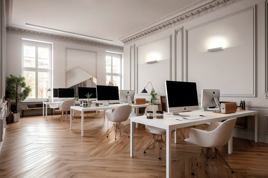 Front view on stylish coworking office interior design with mode
