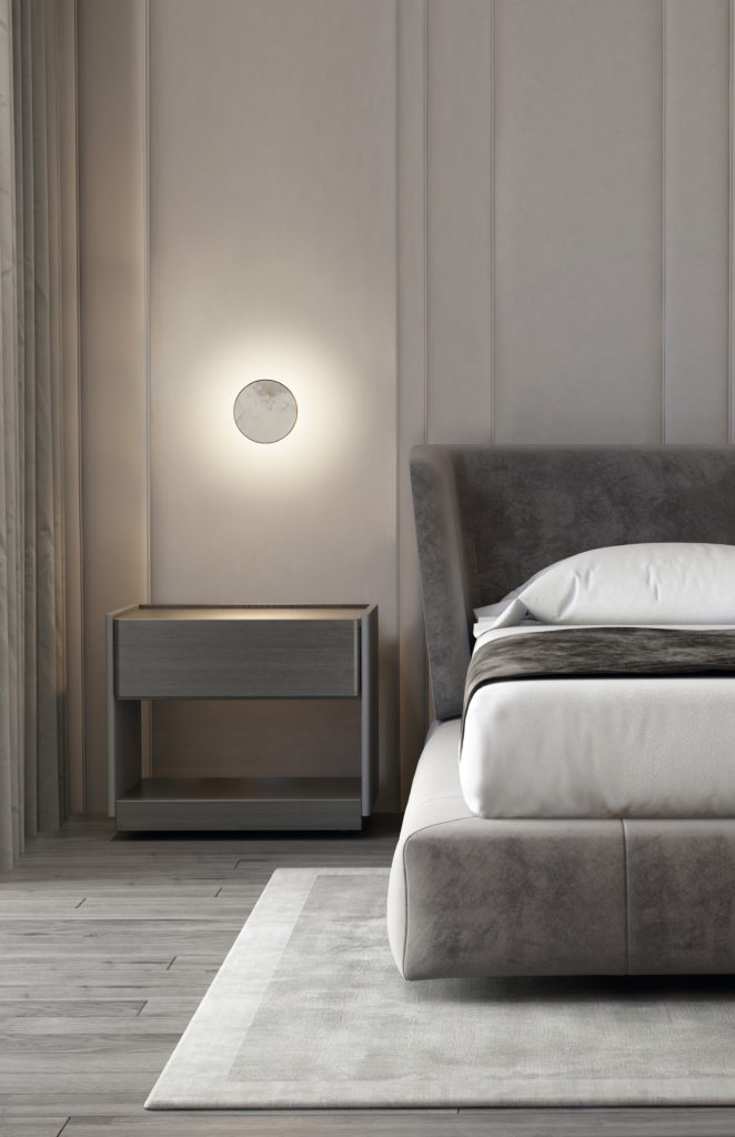 Beige grey bedroom interior with luxury brass wall lamps