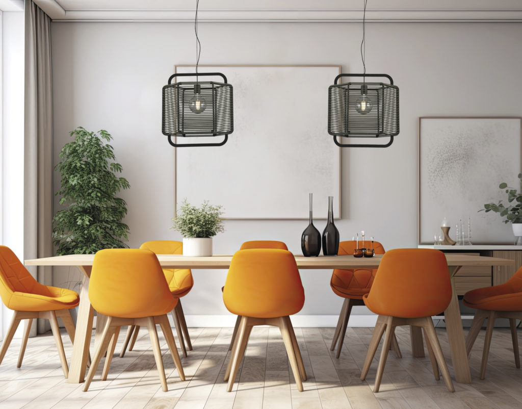 modern dining room with a sleek table and brightly colored chairs. Generative AI