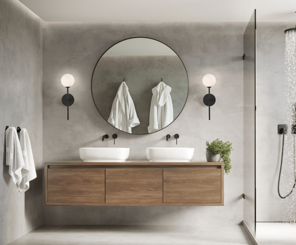 3d modern contemporary grey concrete bathroom with  round mirror