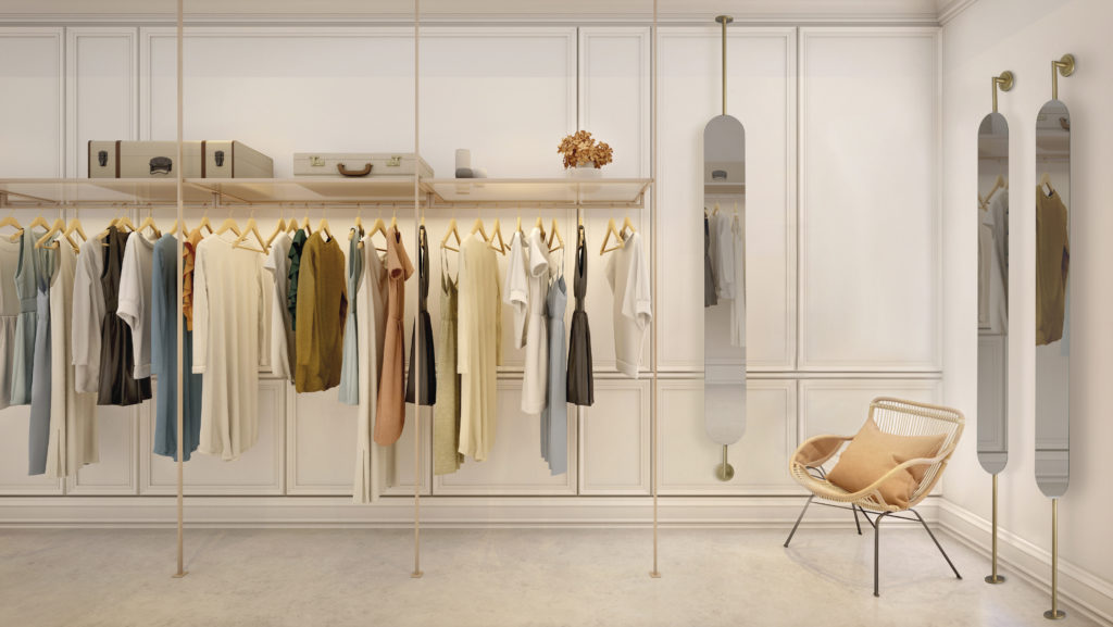 Walk in closet.White wall background with chair and mirror.3d re