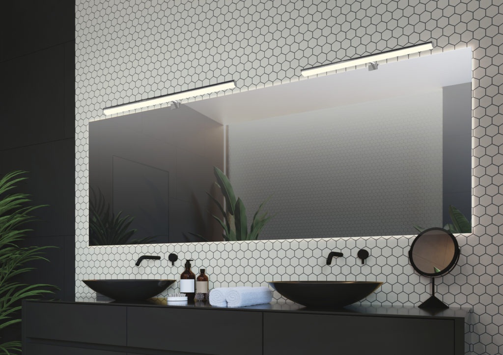 Interior of a modern bathroom with a yellow mosaic on the wall. Rectangular mirror and round black washbasin. 3d rendering