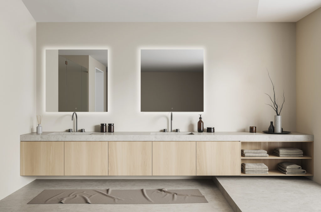 Light bathroom interior with sink and mirror, accessories on dresser