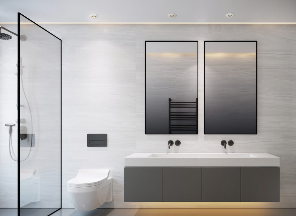 interior of light grey modern bathroom with double sink