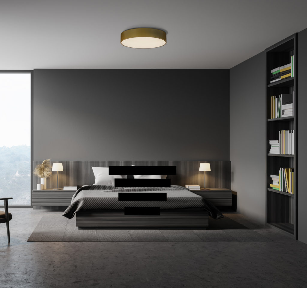 Interior,Of,Stylish,Master,Bedroom,With,Gray,Walls,,Concrete,Floor,