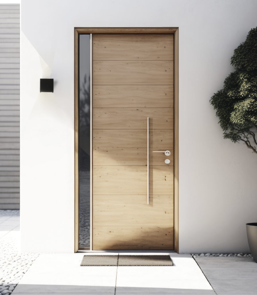 Modern entrance, simple wooden front door