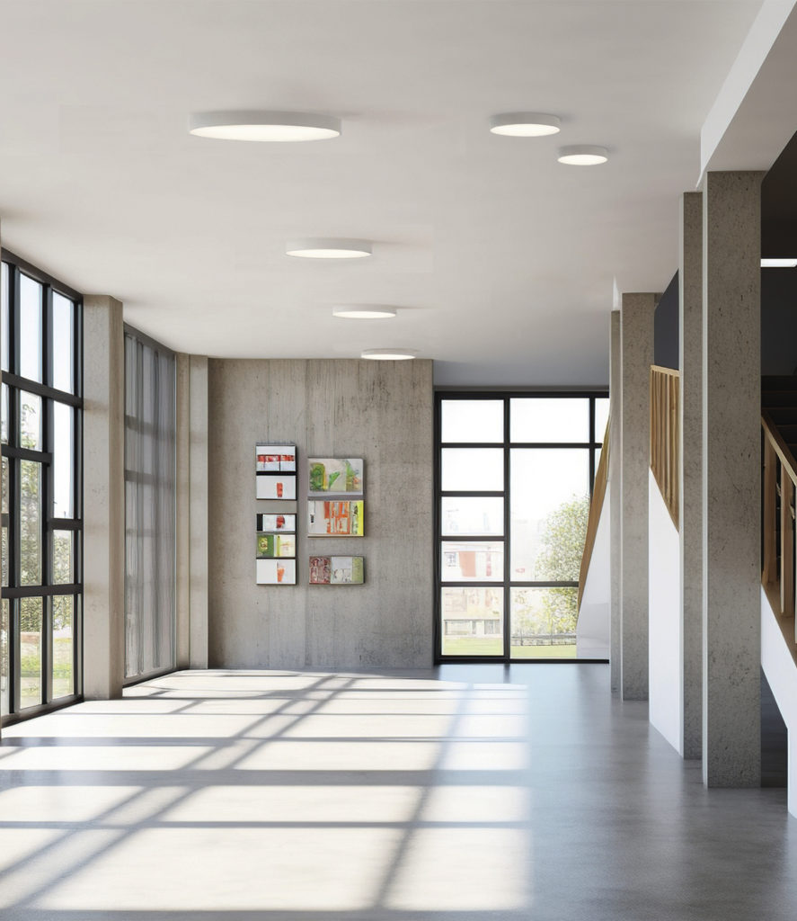 Light concrete school hallway interior with copy space on wall,