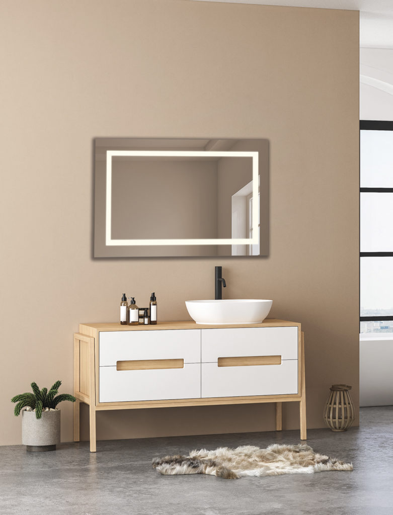 Modern bathroom interior with beige walls, white sink with oval