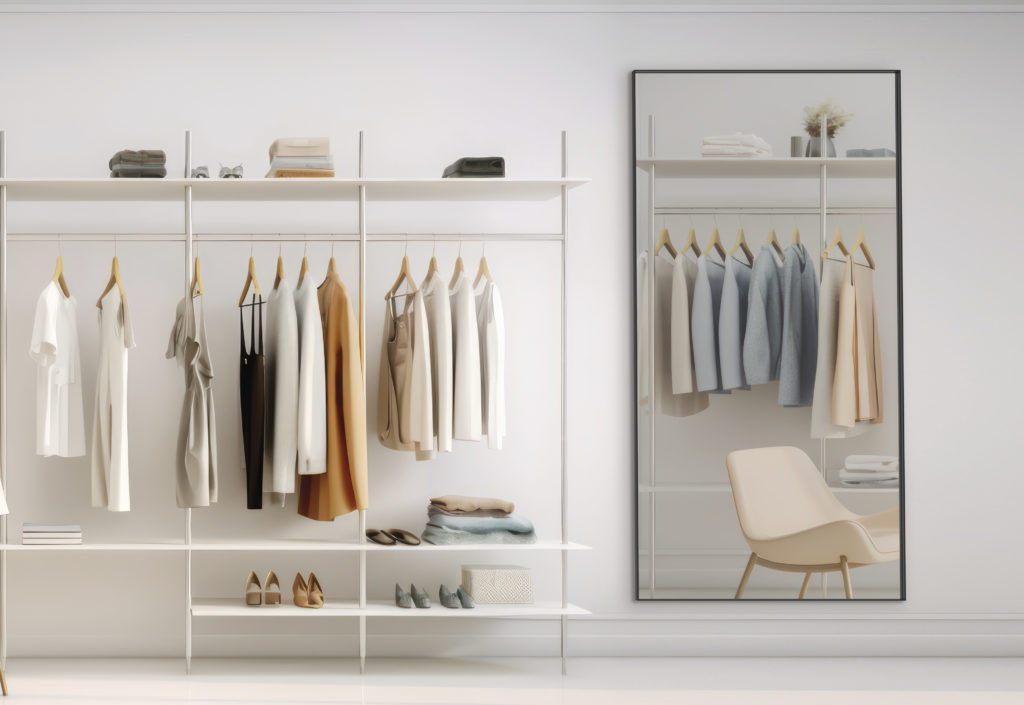 Walk in closet.White wall background with chair and mirror.3d rendering
