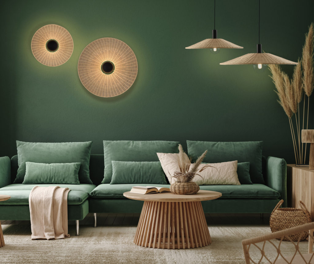 Home interior mock-up with green sofa, table and decor in living
