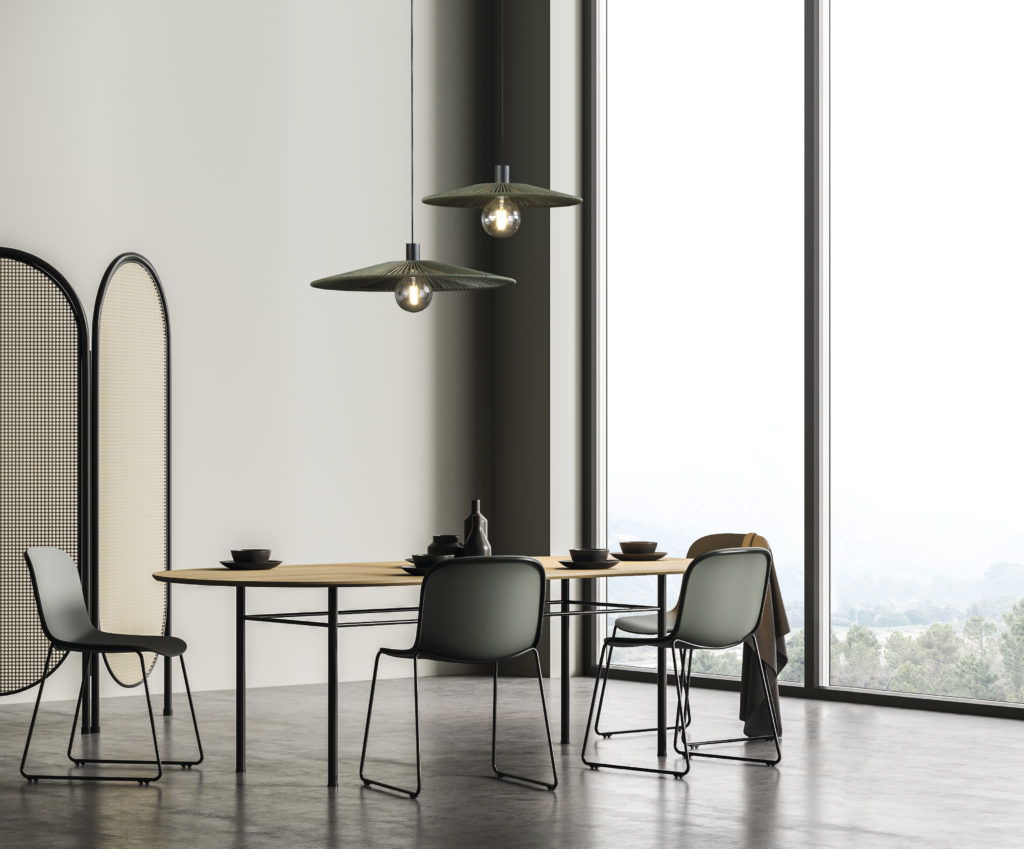 Modern,Eating,Room,Interior,With,Dark,Green,Chairs,And,Wooden