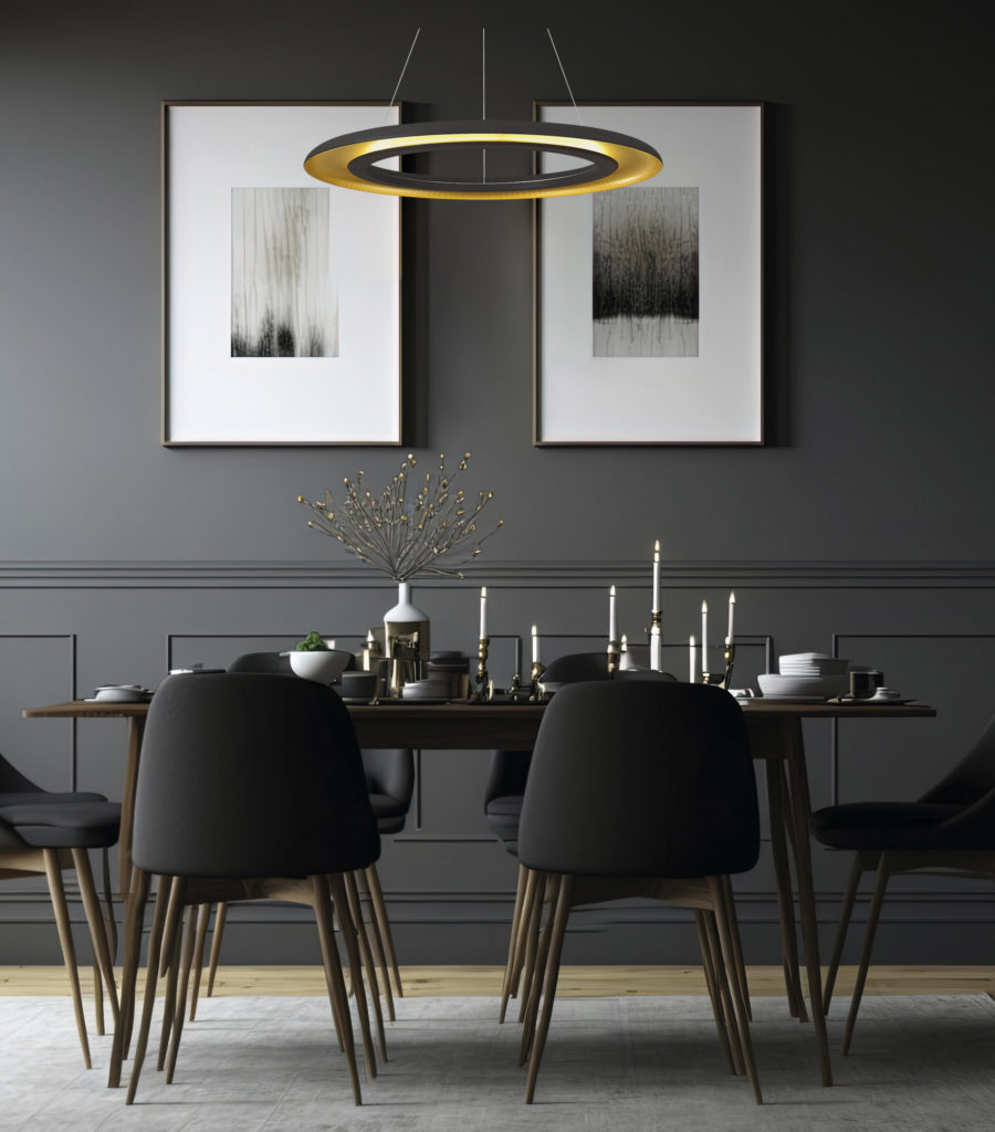 interior of a contemporary, dark dining room, mockup of a gray wall. Generative AI
