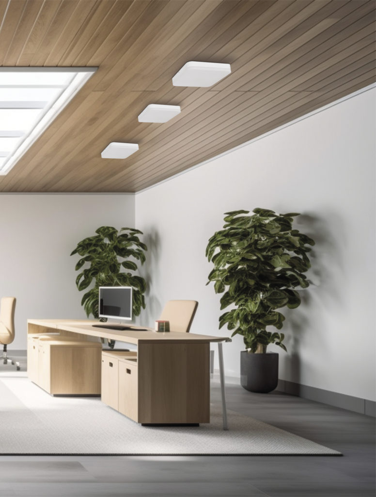 modern office with wood ceiling and grey furniture, in the style