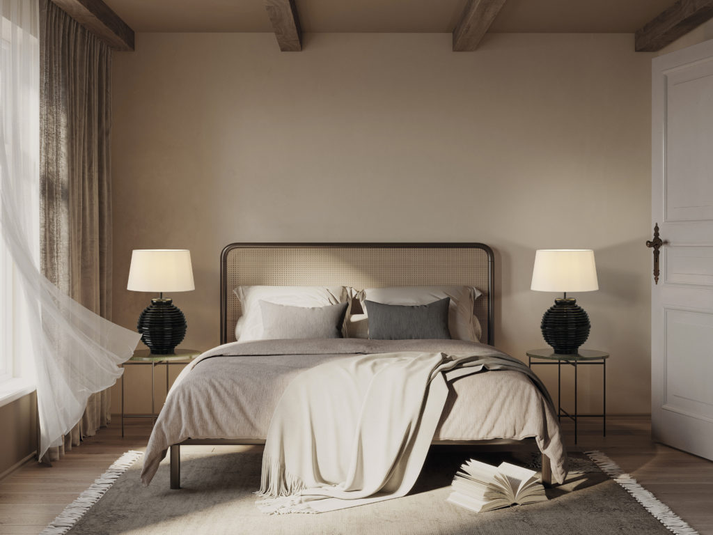 3d rendering of a Mediterranean calm relaxing elegant bedroom wi