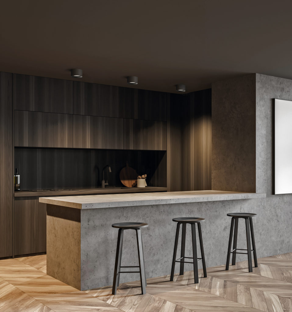 Concrete and dark wooden kitchen corner with bar and poster