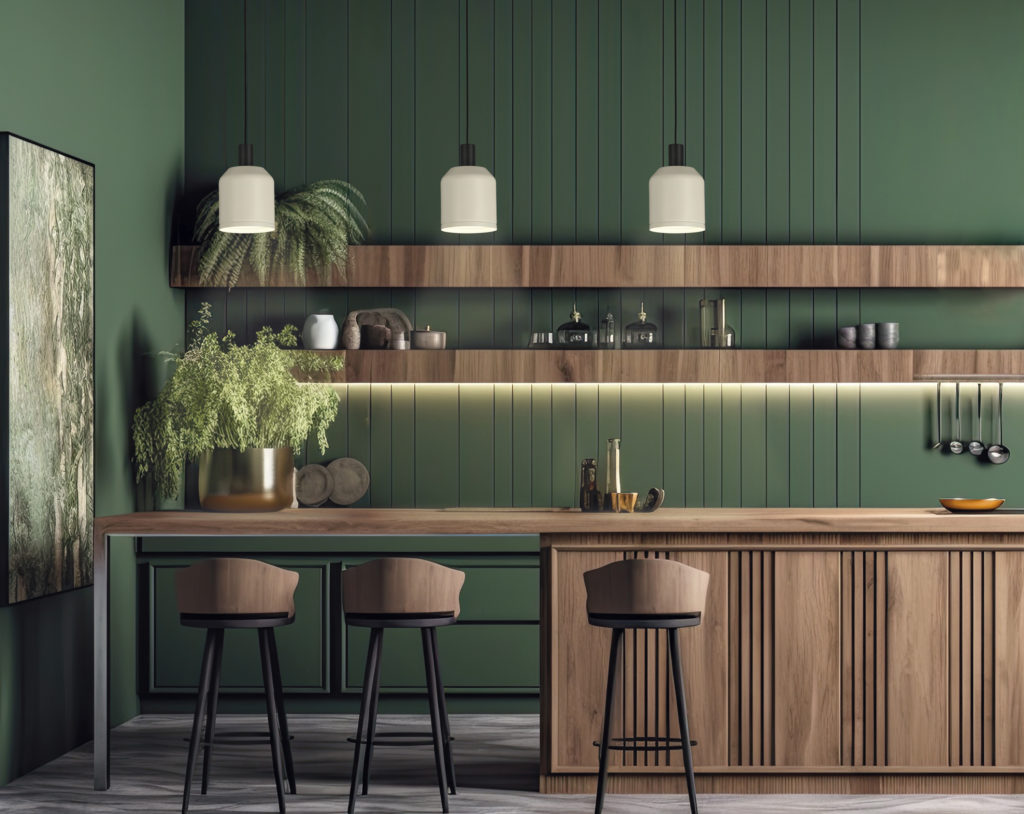 Green wall panelling with wooden shelf in kitchen , ai gen