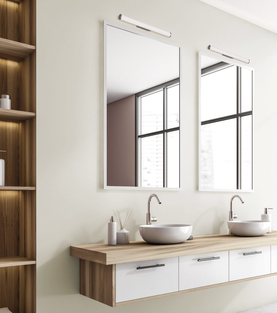 Light bathroom interior with sinks and mirrors, shelf and window