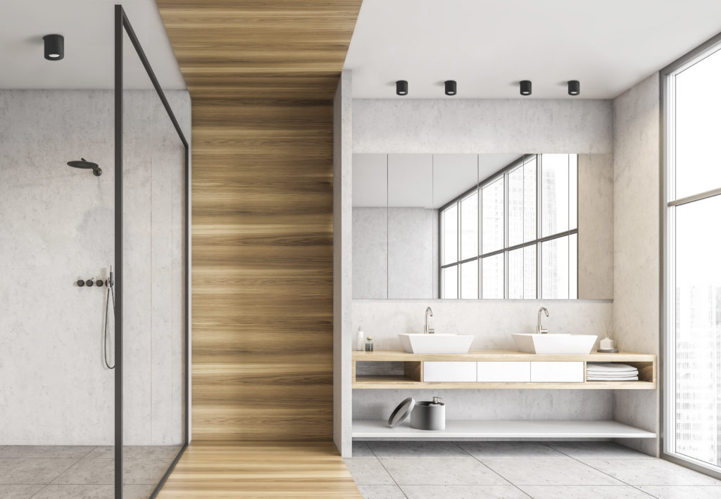 Wooden and white bathroom with shower, two sinks and mirror