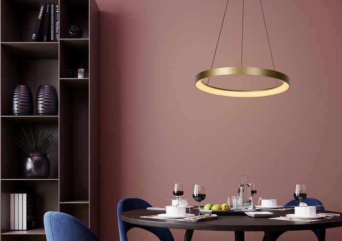 Salmon,Red,Interior,Dining,Room,With,Blue,Chairs,,Poster,Mock